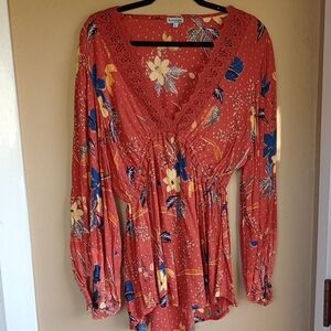 Nostalgia Bohemian Lace Floral V-Neck Women's Top Size L